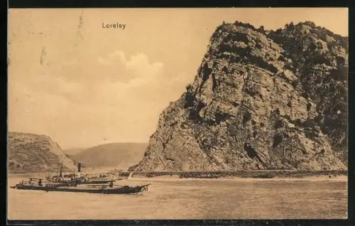 AK Loreley, Schiff fährt am Felsen vorbei