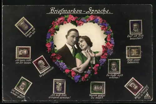 AK Paar in einem herzförmigen Kranz aus Blumen, Briefmarkensprache