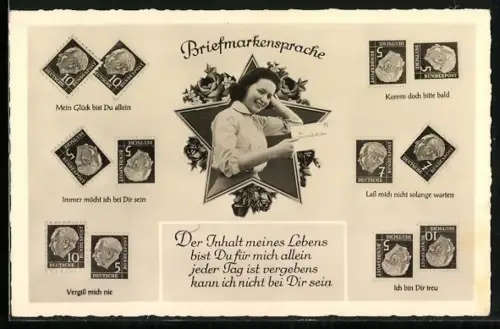 AK Dame mit einem Brief, Briefmarken in verschiedenen Positionen