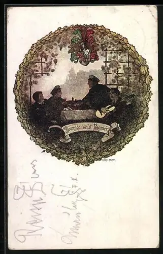 AK Graz, Studentenwappen des Corps Joannea, Studenten in fröhlicher Gesellschaft, Gitarre