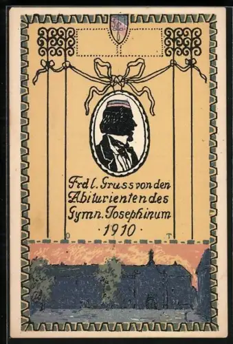 Künstler-AK Abiturienten des Gymn. Josephinum 1910, Blick zur Schule