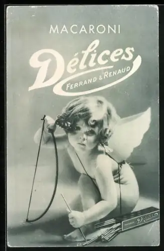 AK Reklame für Macaroni Delices Ferrand & Renaud, Amor mit Makkaroni und Bogen