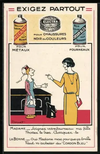AK Reklame für Exigez Partout, Mecano, Cordon Bleu, Electra, Politur, Dame spricht zu ihrer Haushälterin