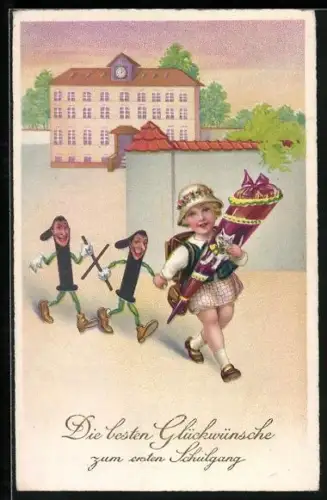 AK Glückwunsch zum Schulanfang, Mädchen mit Schultüte und dem kleinen einmal eins