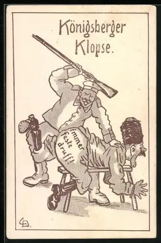 Künstler-AK Soldat verhaut den Russen, Königsberger Klopse