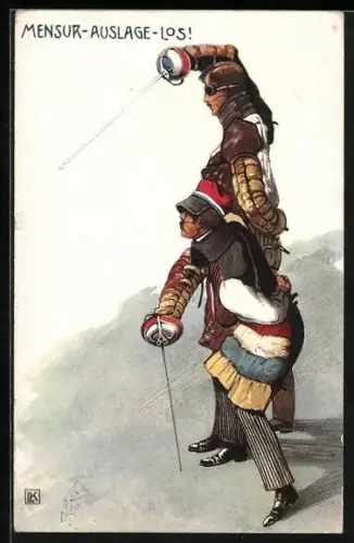 Künstler-AK Burschenschafter bei der Mensur, studentische Szene