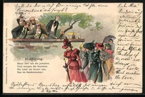 Lithographie Studenten huldigen schönen Frauen, studentische Szene