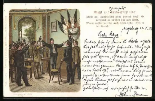 Lithographie Studenten stossen auf ihren Landesfürsten