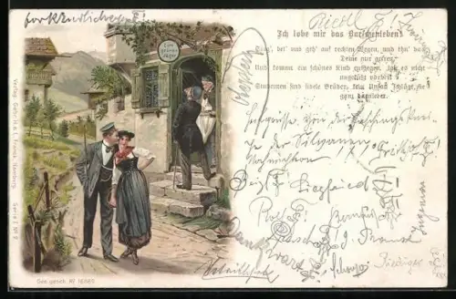 Lithographie Student mit Mädchen vor Gasthaus Zum grünen Jäger