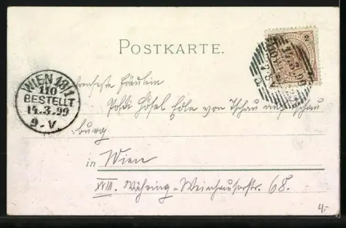 Lithographie Student mit Mädchen vor Gasthaus Zum grünen Jäger