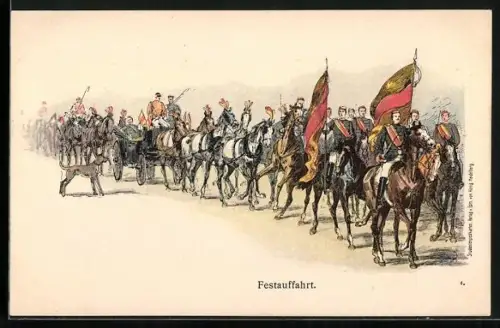 AK Festauffahrt, Studenten bei einem Umzug, Fahnen