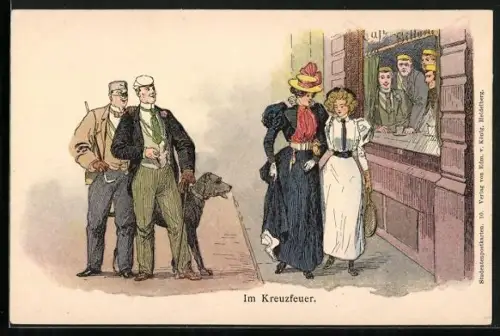 Lithographie Aufdringliche Herren der studentischen Szene nehmen junge Frauen ins Kreuzfeuer
