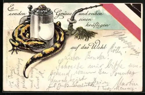 Lithographie studentische Szene, Bierkrug mit Pfeiffe und Feuersalamander mit den Reichsfarben