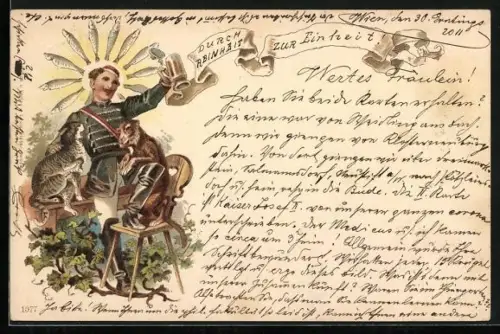 Lithographie Student im vollen Wix mit Bierkrug und Heiligenschein aus Heringen