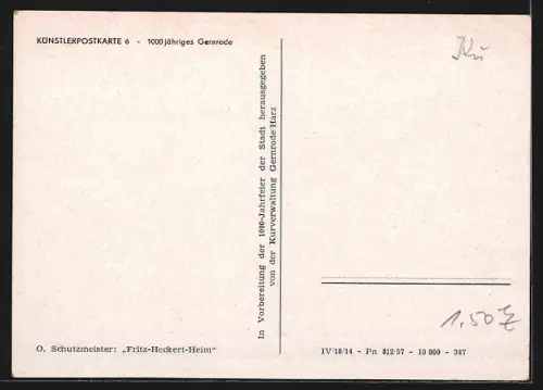 Künstler-AK Gernrode / Harz, 1000 jähriges Gernrode, Fritz-Heckert-Heim