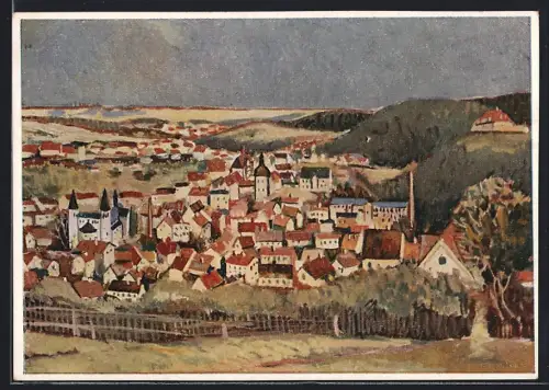 Künstler-AK Gernrode / Harz, Panorama der Ortschaft