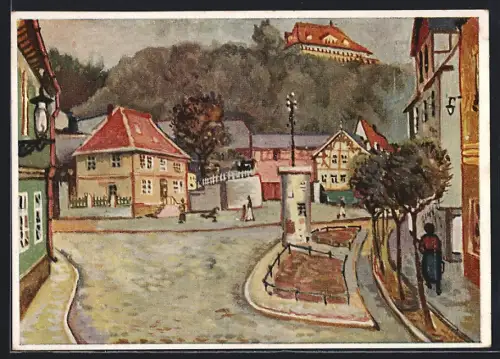 Künstler-AK Gernrode / Harz, Blick auf Spittelplatz mit Stubenberg