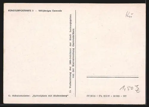 Künstler-AK Gernrode / Harz, Blick auf Spittelplatz mit Stubenberg