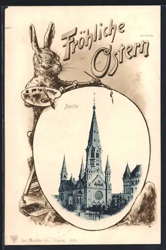 Lithographie Berlin, Kaiser-Wilhelm-Gedächtnis-Kirche, Osterhase bemalt Osterei, Ostergruss, Passepartout