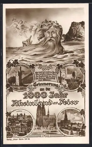 AK Köln, 1000-Jahr-Rheinland-Feier, Kölner Dom, Schloss Rheinstein, Bingen Mäuseturm, Worms, Neptun & Loreley