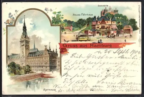 Lithographie Hamburg, Teilansichten mit Neuem Fährhaus, Seewarte und Rathaus