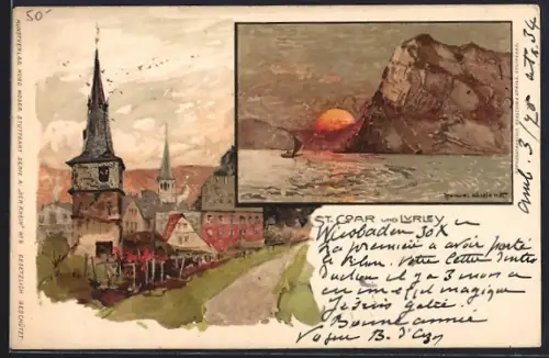Künstler-AK Manuel Wielandt: St. Goar, Ortspartie und Loreley