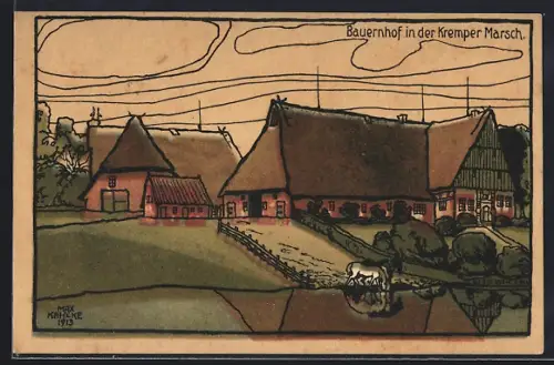 Steindruck-AK Krempe, Bauernhof in der Kremper Marsch