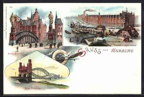Lithographie Hamburg, Brooks Brücke, Neue Elbbrücke, Freihafen Lagerhäuser