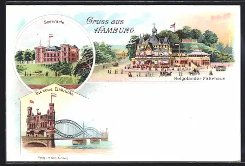 Lithographie Hamburg, Seewarte, Helgoländer Fährhaus, neue Elbbrücke