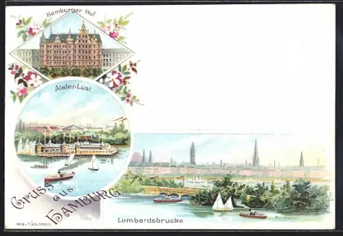 Lithographie Hamburg, Hamburger Hof, Alster-Lust, Lombardsbrücke
