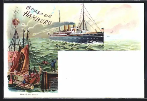 Lithographie Hamburg, Dampfschiff, Segelboote, Hafen