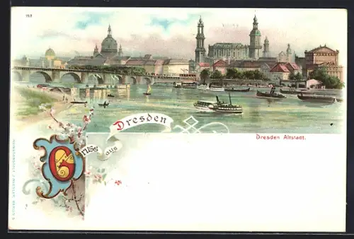 Lithographie Dresden, Altstadt, Elbe, Brücke, Schiffe