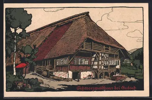 Steindruck-AK Gutach / Schwarzwaldbahn, Schwarzwaldhaus