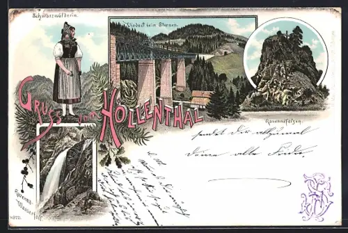 Lithographie Höllenthal / bad. Schwarzwald, Viadukt beim Sternen, Bahn, Ravenna-Felsen, Ravenna-Wasserfall