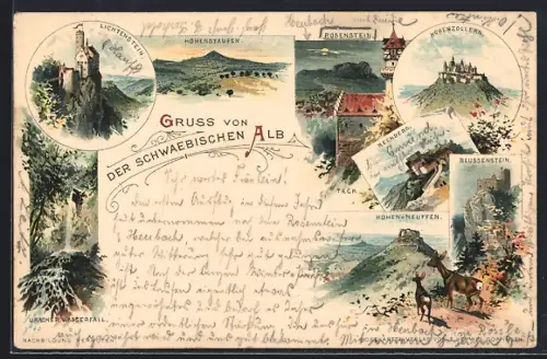 Lithographie Lichtenstein / Echaztal, Schwäb. Alb, Hohenstaufen, Hohenzollern, Uracher Wasserfall, Ruine Reussenstein