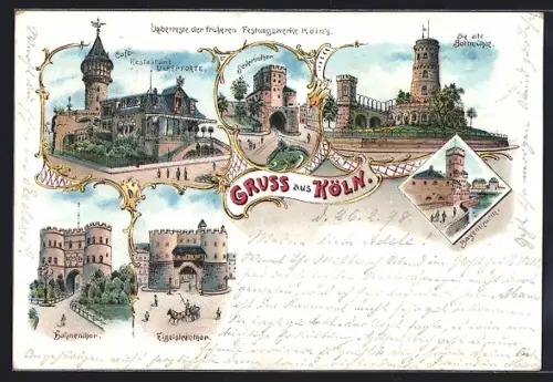 Lithographie Köln, Hahnentor, Eigelsteintor, Bismarckturm, Restaurant Ulrepforte, Basteiturm, alte Bottmühle