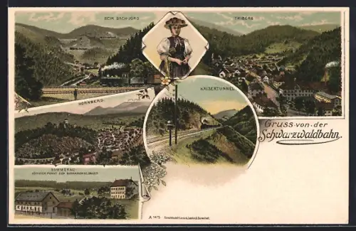 Lithographie Sommerau / Schwarzwald, Schwarzwaldbahn, Kaisertunnel, Hornberg, Triberg, Bahnstrecke, Landschaft