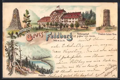 Lithographie Feldberg / Schwarzwald, Feldbergerhof, Bismarck-Denkmal, Friedrich-Luisen-Turm, Feldsee