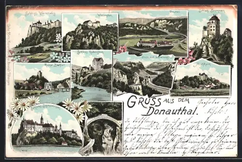 Lithographie Beuron / Donautal, Schloss Werenweg, Schloss Gutenstein, Schloss Bronnen, verschiedene Ansichten