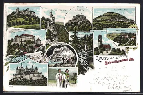 Lithographie Lichtenstein / Echaztal, Schwäbische Alb, Achalm, Hohenzollern, verschiedene Ortsansichten