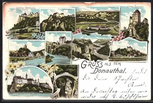 Lithographie Sigmaringen / Donautal, Schloss Werenweg, Schloss Bronnen, verschiedene Ortsansichten