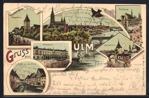 Lithographie Ulm / Donau, Münster, Rathaus, Bahnhof, Zundeltor, Mezgerturm, Partie an der Blau