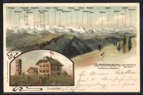 Lithographie Feldberg / Schwarzwald, Alpenpanorama, Turmhotel