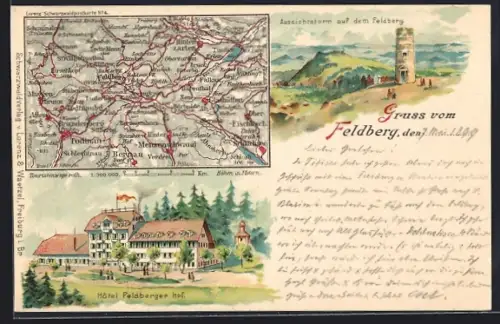 Lithographie Feldberg / Schwarzwald, Aussichtsturm, Hotel Feldberger Hof, Umgebungskarte
