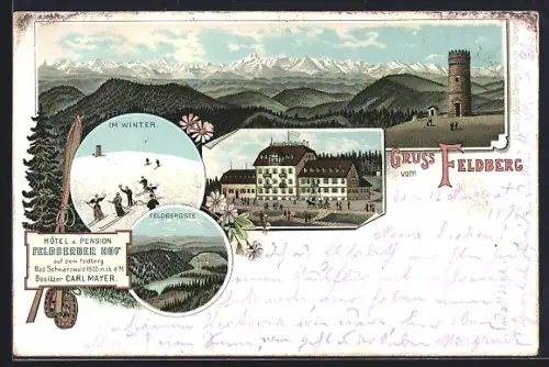 Lithographie Feldberg / Schwarzwald, Feldbergturm, Feldbergsee, Hotel Feldberger Hof, Inh. Carl Mayer