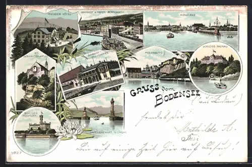 Lithographie Lindau / Bodensee, Pfänder Hôtel, Bahnhof und Hafen, Schloss Mainau, Schloss Montfort