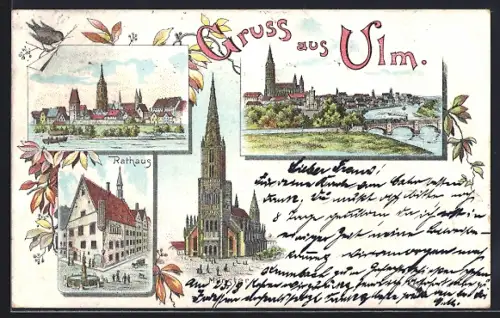 Lithographie Ulm / Donau, Münster, Rathaus, Stadtansicht