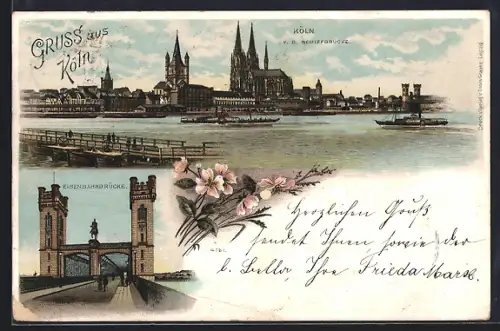 Lithographie Köln, Schiffbrücke und Eisenbahnbrücke