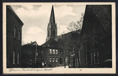 AK Glane / Bad Iburg, Teutoburger Wald, Strassenpartie mit Kirche