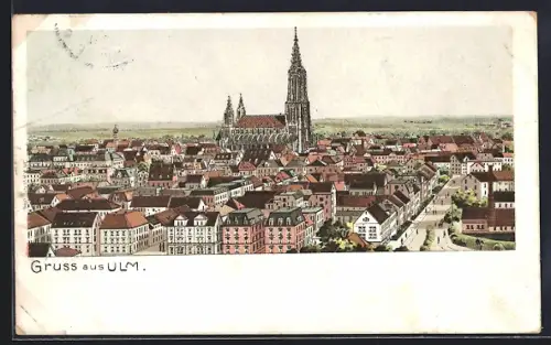 Lithographie Ulm / Donau, Stadtansicht mit Münster